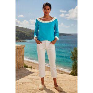 Boston Proper Knit Blouse M Blue Off-Shoulder Bell Sleeves Casual Resort Chic